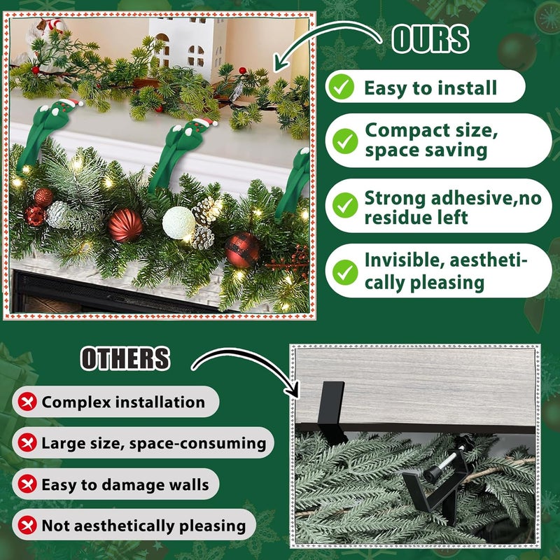 ANGAR 12 Pcs Christmas Mantel Hanger for Garland, Christmas Fireplace Garland Stocking Hooks Holder for Wreaths, Fireplace Mantle, Door Frame, Stairways Banister Decoration(Green) - Image 4
